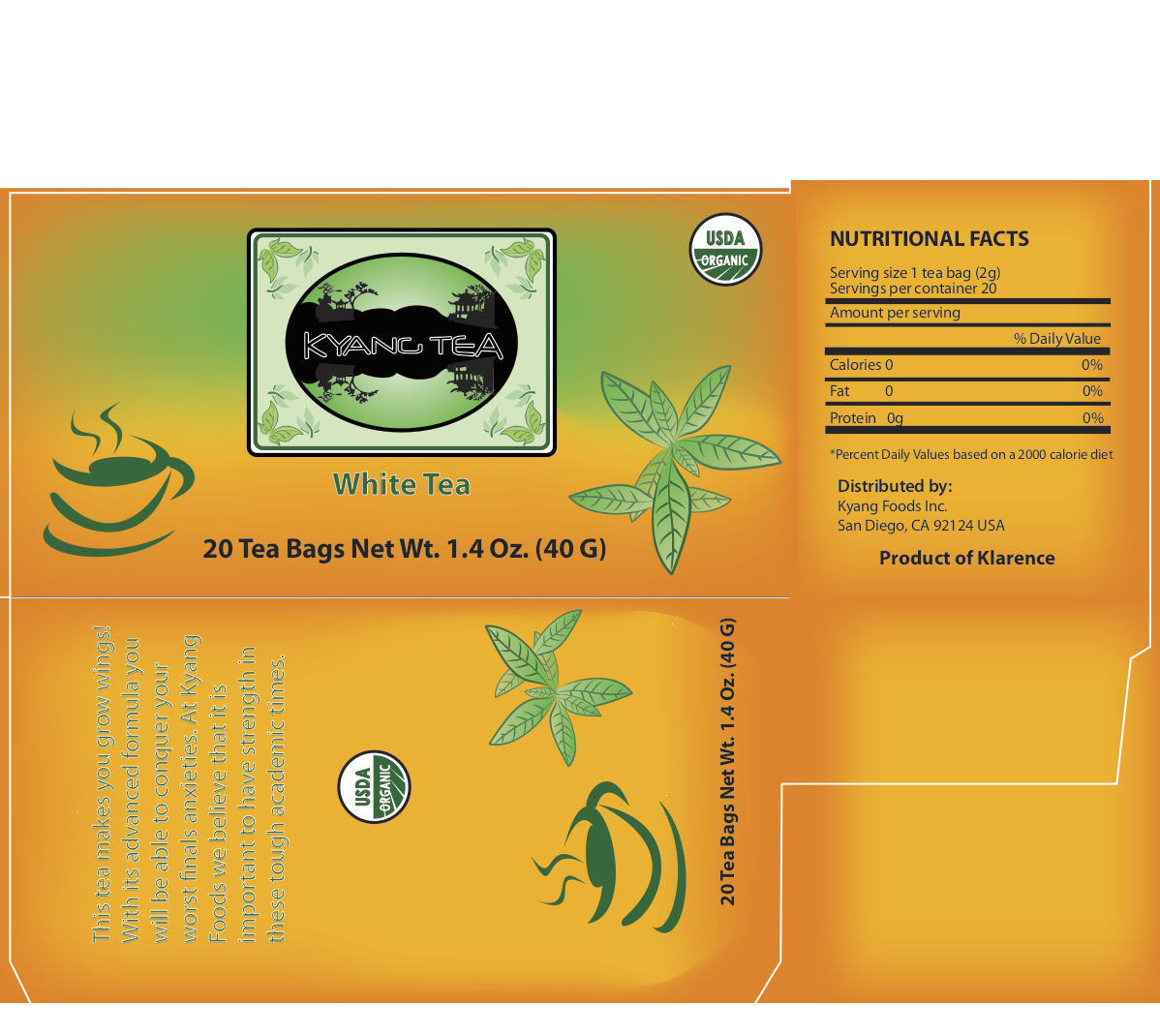 the package for a pack of 20 white tea bags (side 2). A fictitious brand; Kyang Tea.